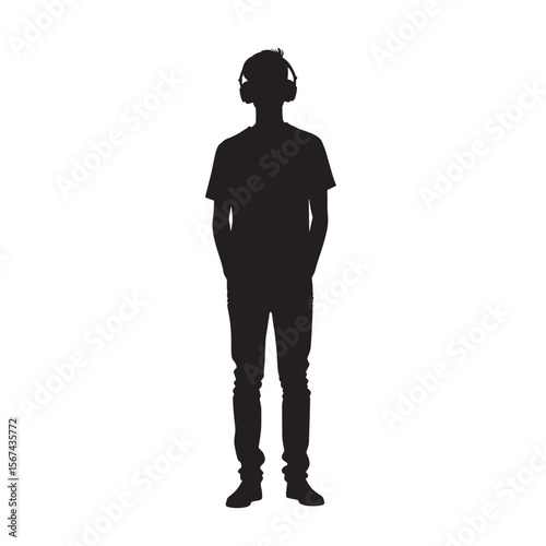 Black Silhouette Vector of Person Standing and Listening to Music with Headphones in Relaxed Lifestyle Scene on White Background Full Ultra HD