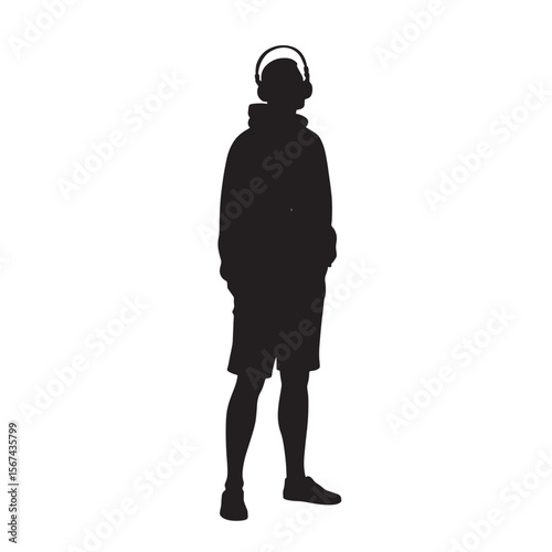 Black Silhouette Vector of Person Standing and Listening to Music with Headphones in Relaxed Lifestyle Scene on White Background Full Ultra HD