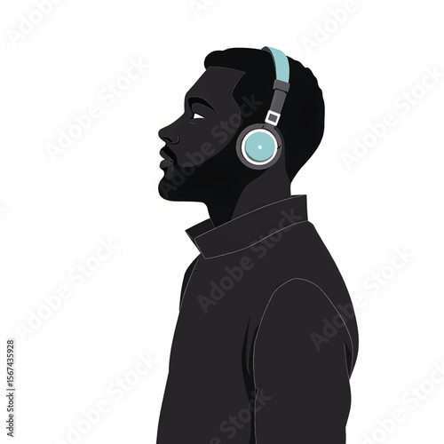 Black Silhouette Vector of Person Standing and Listening to Music with Headphones in Relaxed Lifestyle Scene on White Background Full Ultra HD