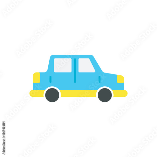 Compact blue car icon. small blue sedan icon with yellow bumpers and round wheels.