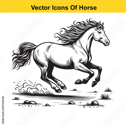 Horse Galloping Across Desert Terrain – Black and White Vector Illustration for Easy Tracing