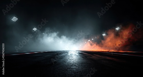 Night Race Track Asphalt, Smoke, Lights, Competition
