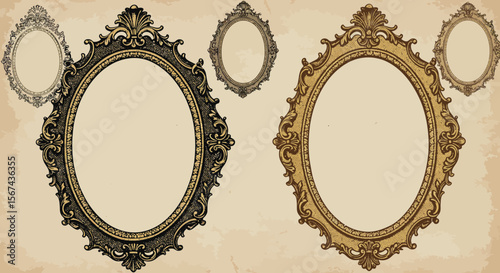 Elegant antique oval frames in gold and black with detailed ornate embellishments