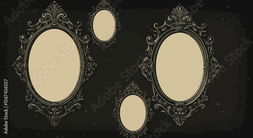 Elegant antique mirror frames against a dark background vector illustration