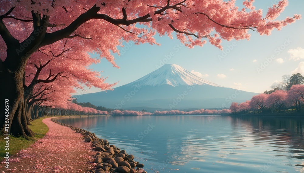 Fototapeta premium Cherry blossom trees in bloom by calm lakeside with mountains