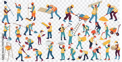 Flat Construction Workers Illustration | Builder Character Set, Industrial Labor Clipart