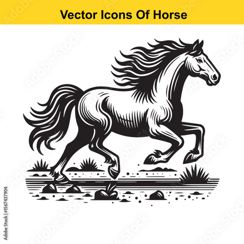 Horse Galloping Across Desert Terrain – Black and White Vector Illustration for Easy Tracing