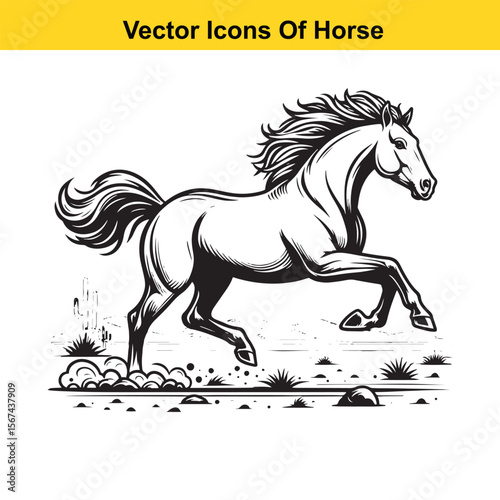 Horse Galloping Across Desert Terrain – Black and White Vector Illustration for Easy Tracing