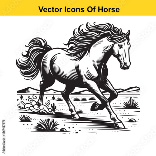 Horse Galloping Across Desert Terrain – Black and White Vector Illustration for Easy Tracing