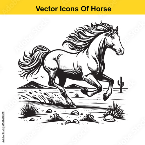 Horse Galloping Across Desert Terrain – Black and White Vector Illustration for Easy Tracing