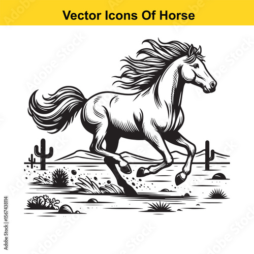 Horse Galloping Across Desert Terrain – Black and White Vector Illustration for Easy Tracing