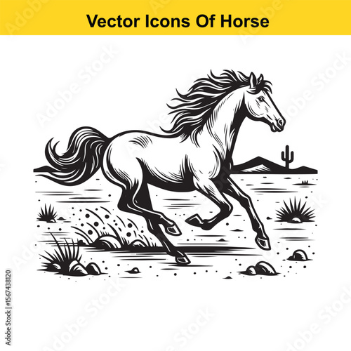 Horse Galloping Across Desert Terrain – Black and White Vector Illustration for Easy Tracing