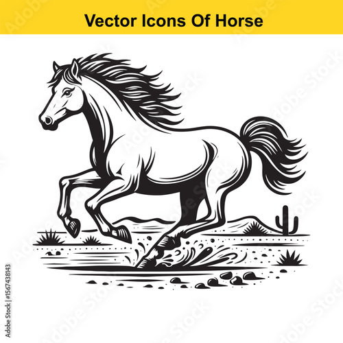 Horse Galloping Across Desert Terrain – Black and White Vector Illustration for Easy Tracing
