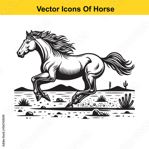 Horse Galloping Across Desert Terrain – Black and White Vector Illustration for Easy Tracing