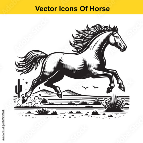 Horse Galloping Across Desert Terrain – Black and White Vector Illustration for Easy Tracing
