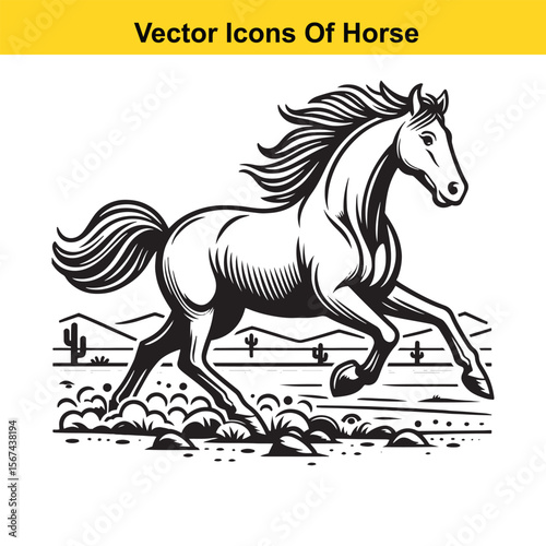Horse Galloping Across Desert Terrain – Black and White Vector Illustration for Easy Tracing