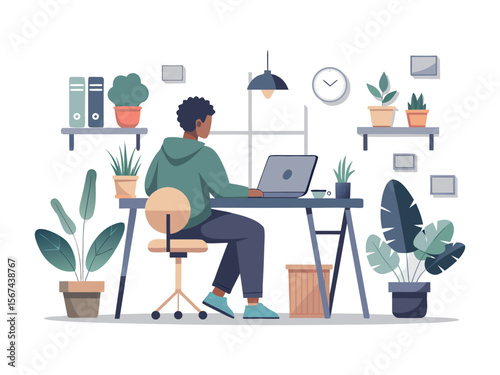 Person working on a laptop at a desk with plants and office supplies isolated on white background
