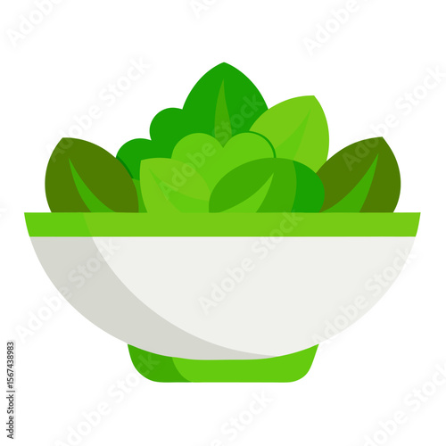 Fresh green salad in white bowl for healthy eating concepts vector icon on white background.