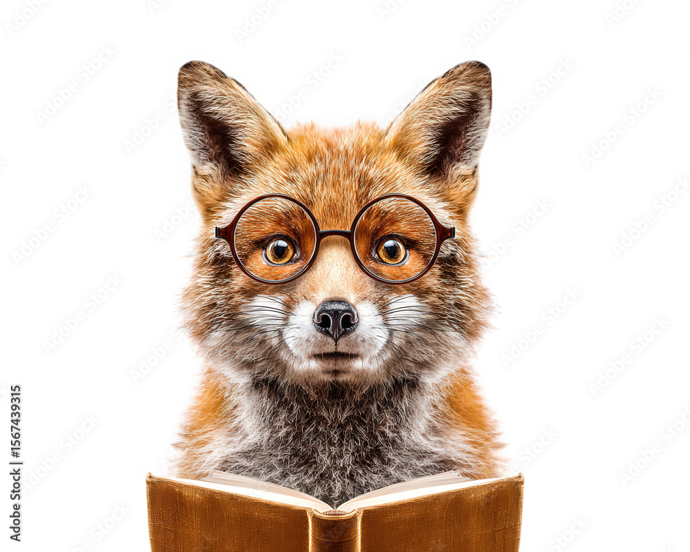 Obraz premium Fox animal glasses book reading cute intelligent orange fur isolated education knowledge mammal wildlife study literature humor whimsical smart focus learning wisdom portrait character creative