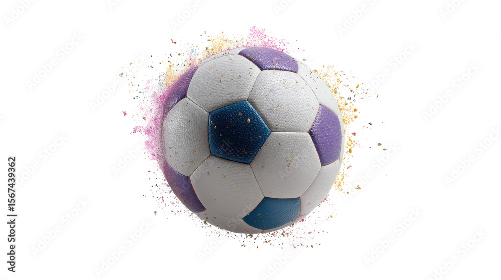 Fototapeta premium Soccer ball bursting with colorful powder and glitter isolated on transparent background