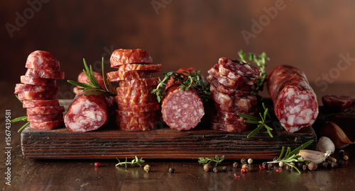 Foto Sliced dry cured sausages with peppercorns, thyme, rosemary, and garlic