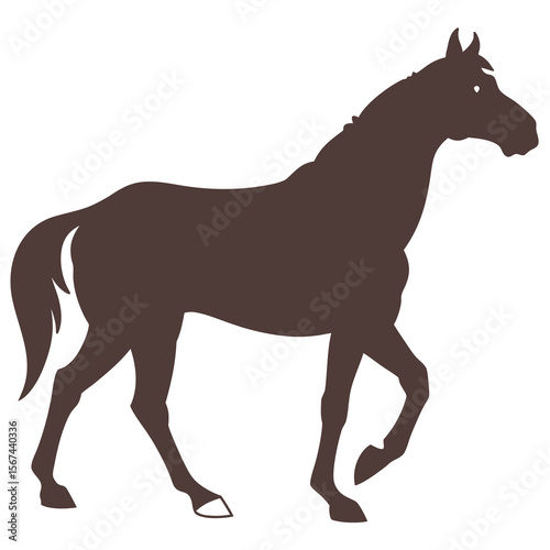 A dark brown silhouette of a majestic horse walking gracefully with its mane flowing and tail swishing