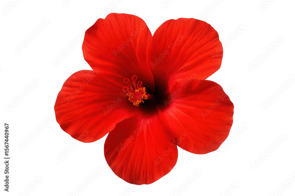 Fototapeta premium Vibrant red hibiscus blooming, transparent backdrop revealing delicate crimson petals and prominent yellow stamen