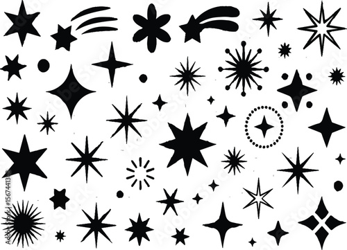 line sparkle vector set, comic style decorative lines, burst effects, and dynamic radial patterns in black for enhancing illustrations.Sparkles Icon Set Vector Design.