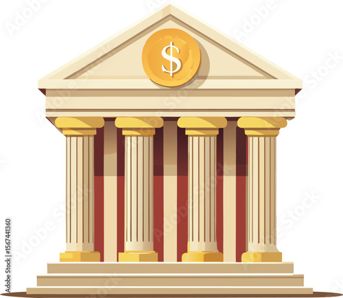 A stylized 3D illustration of a classical Greek temple with a modern financial twist. 
