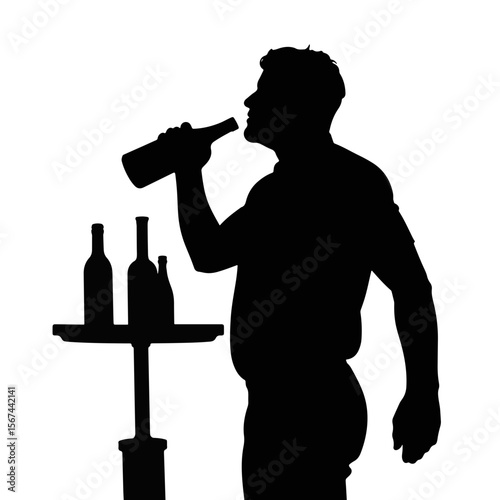 Man silhouetted drinking from a bottle with wine rack in background  