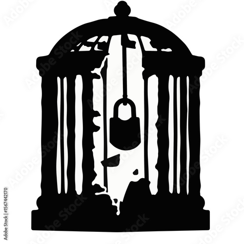 Broken cage silhouette with lock, symbol of freedom and confinement
