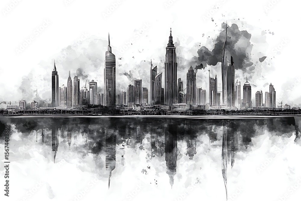 Fototapeta premium Detailed black-and-white Riyadh skyline ink drawing with reflection, minimalist style