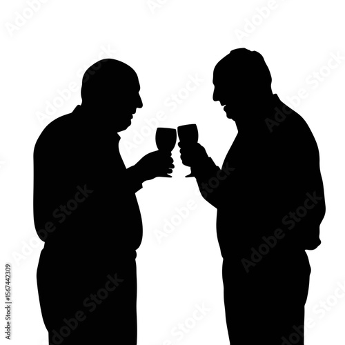 Elderly men clinking glasses in silhouette, celebration of friendship