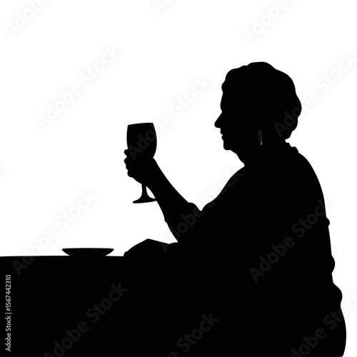 Grandma toasting with a glass at the table, celebration silhouette