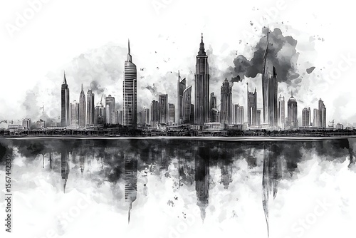 Detailed black-and-white Riyadh skyline ink drawing with reflection, minimalist style