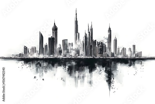 Detailed black-and-white Riyadh skyline ink drawing with reflection, minimalist style