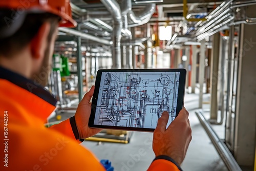 MEP installation on active site — ventilation, wiring, plumbing with tablet and schematics