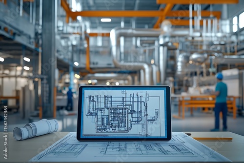 MEP installation on active site — ventilation, wiring, plumbing with tablet and schematics