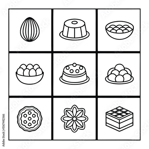 Traditional Festival Food Icon Set | 9 Outlined Vector Items in 3x3 Grid
