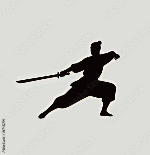 Dynamic silhouette of a warrior in a martial arts pose with a sword.