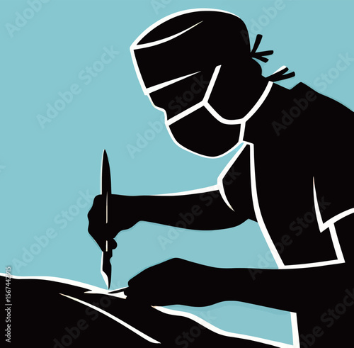 Surgeon performing a delicate procedure in silhouette against a blue background.