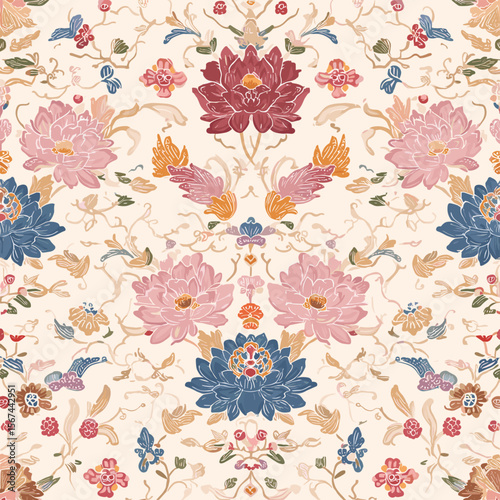 Traditional Korean Lotus and Peony Patterns – Oriental Decorative Floral Seamless Designs