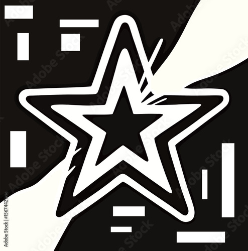 Stylized black and white star design with bold lines and dynamic shapes.