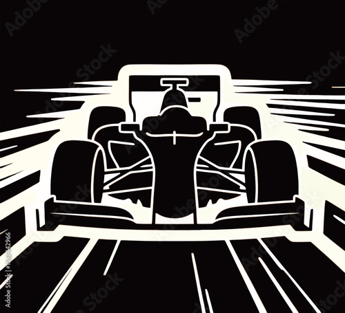 Dynamic black and white silhouette of a race car speeding down the track.