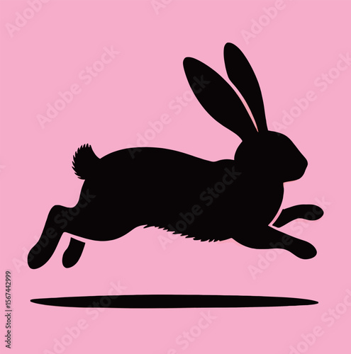 Silhouette of a leaping bunny against a pink background.