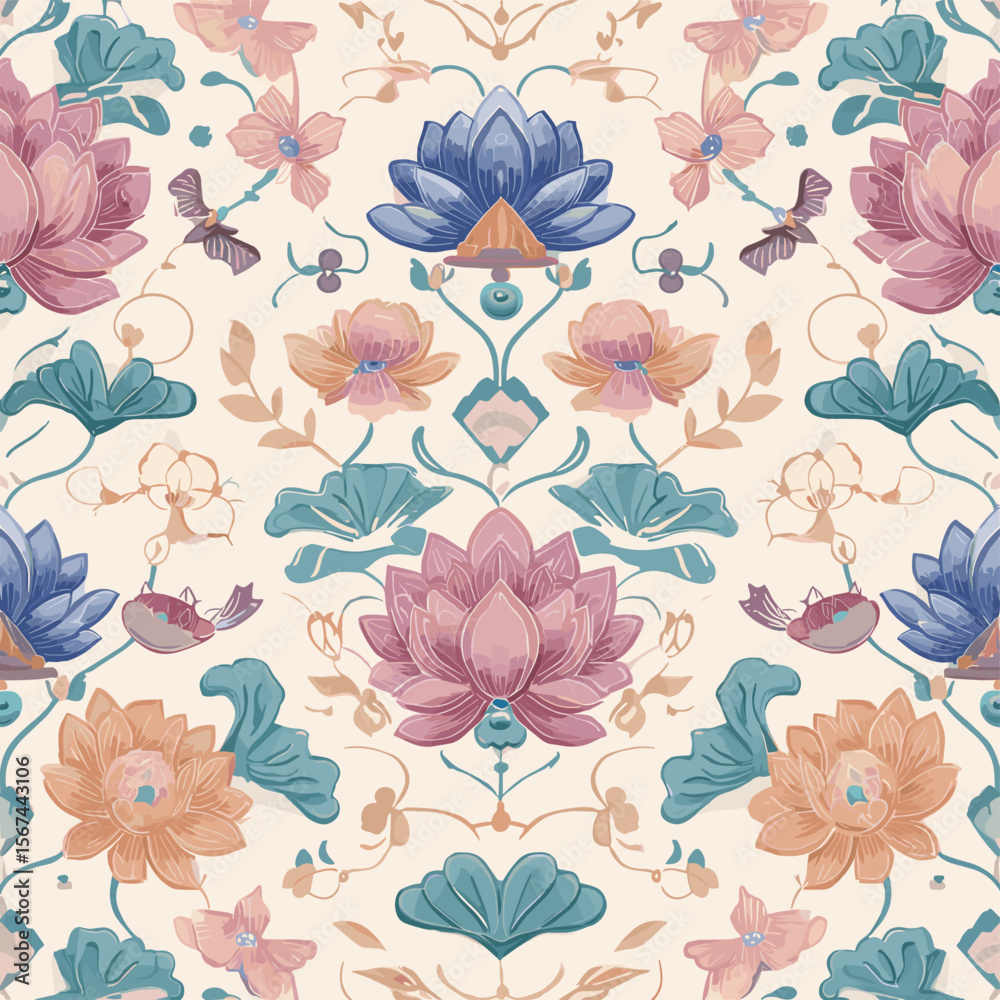 Obraz premium Traditional Korean Lotus and Peony Patterns – Oriental Decorative Floral Seamless Designs