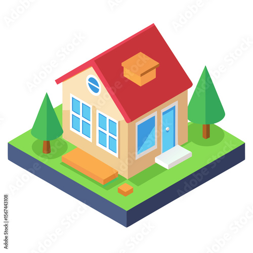 Isometric house with yard and garden, detached home with gable roof and dormer window vector icon on white background.