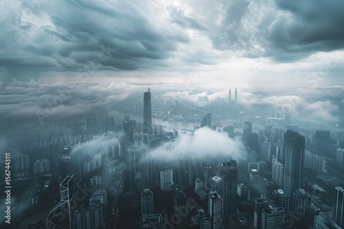 Detailed Color Picture of Cloudy Stormy City Skyline, Apocalyptic Mood with Vast Panoramic View