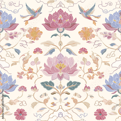 Traditional Korean Lotus and Peony Patterns – Oriental Decorative Floral Seamless Designs