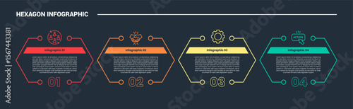 hexagon base shape infographic process diagram with open shape with cut shape center on horizontal direction with dark background bright outline style